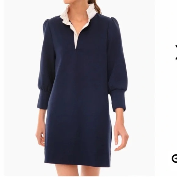 Pomander Place Tuckernuck Charlotte Terry Shirt Dress Navy/Cream Ruffle Collar - Picture 2 of 9